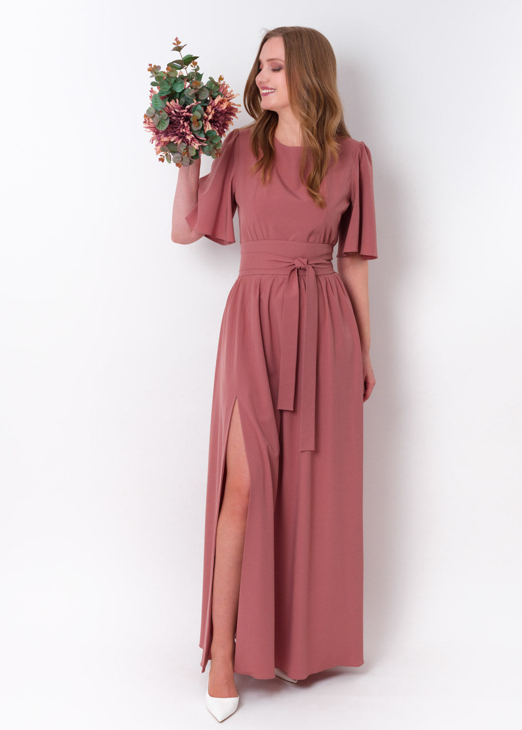 Rosewood long slit dress with belt