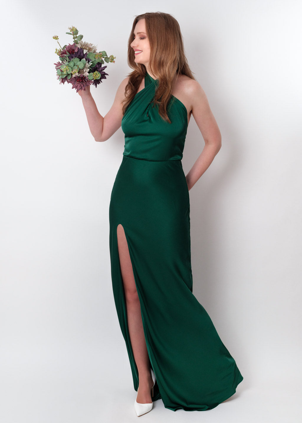 Dark green silk slit halter dress