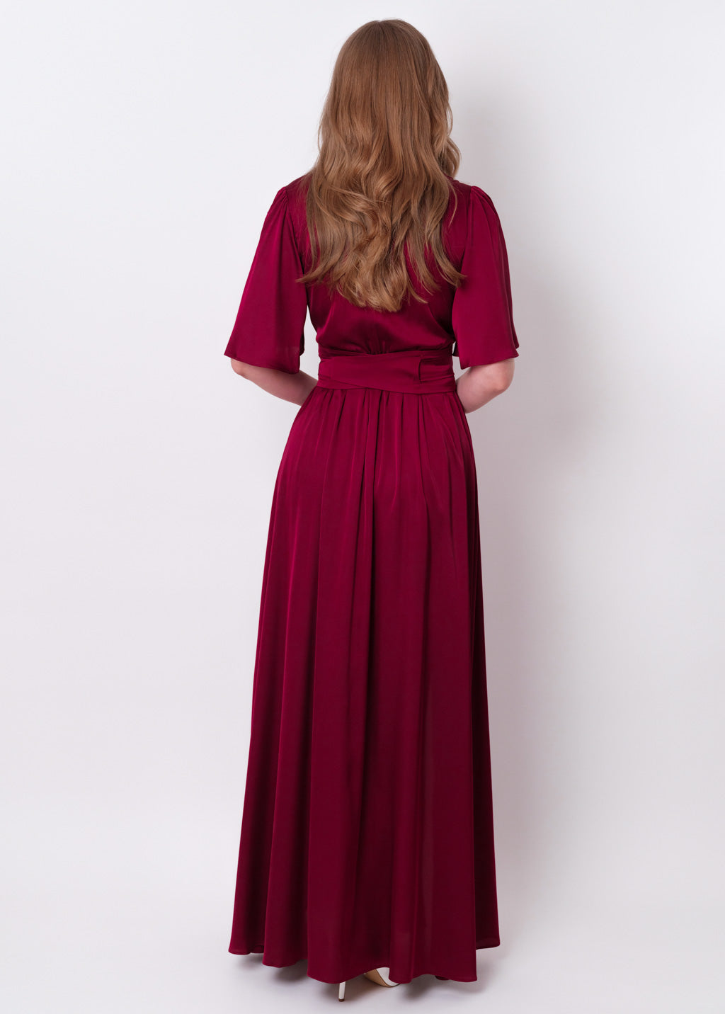 Burgundy slit silk dress with belt