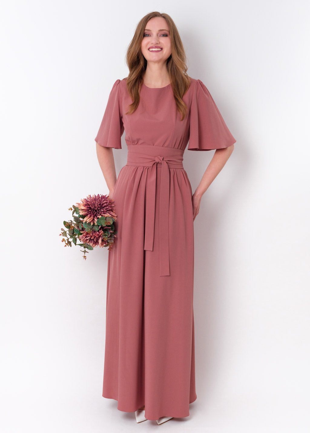 Rosewood long slit dress with belt