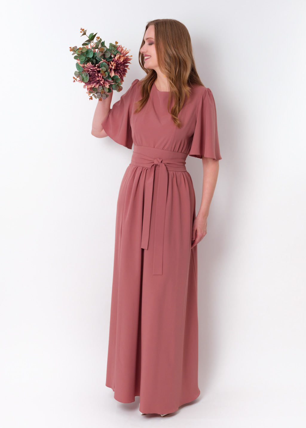 Rosewood long slit dress with belt