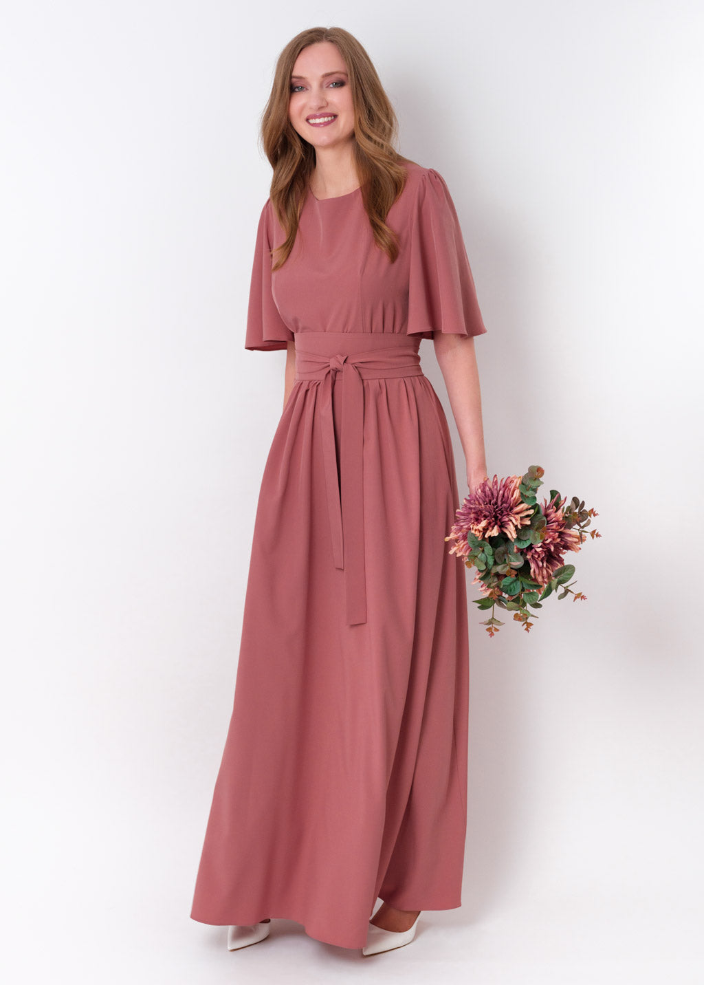 Rosewood long slit dress with belt