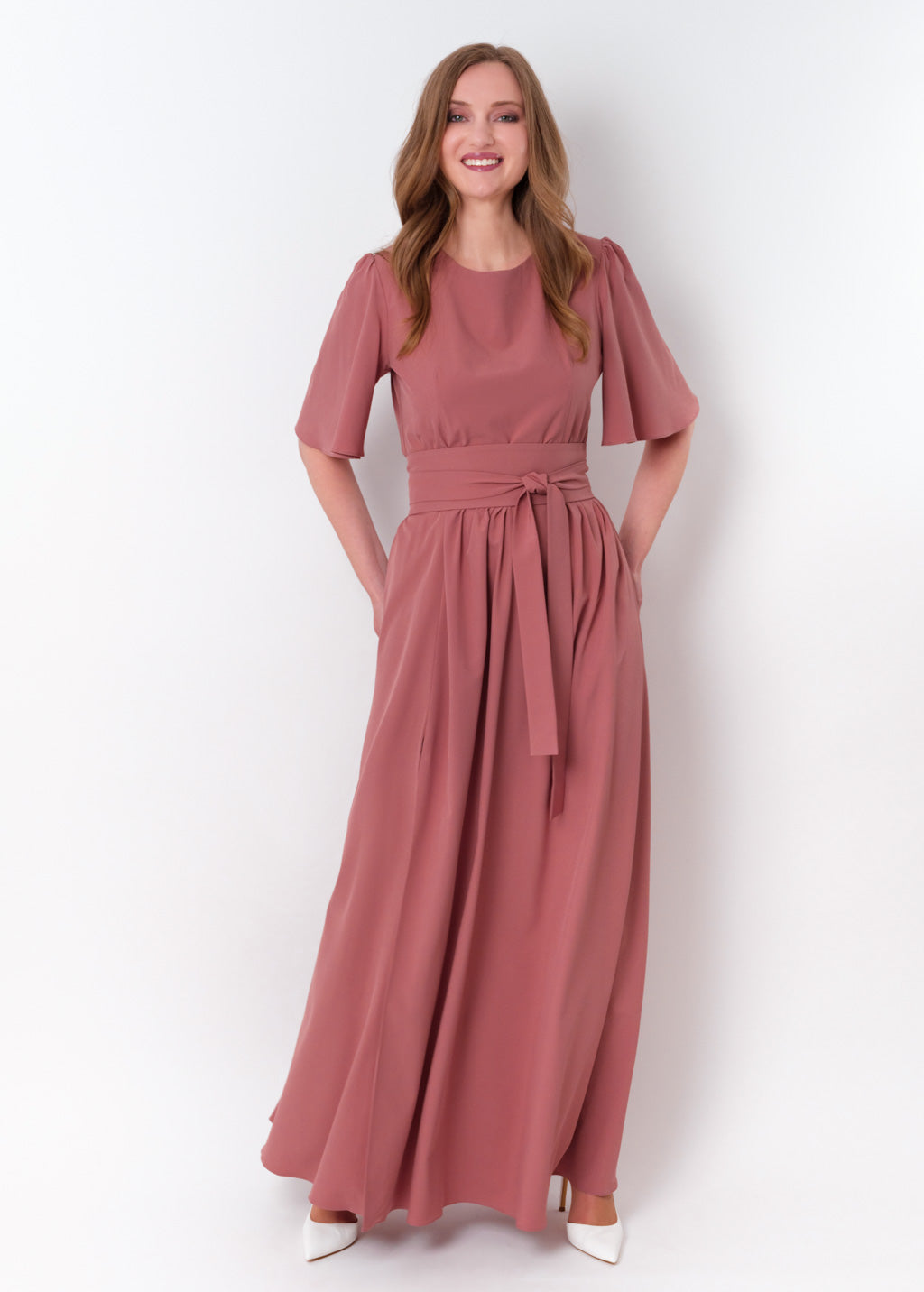 Rosewood long slit dress with belt