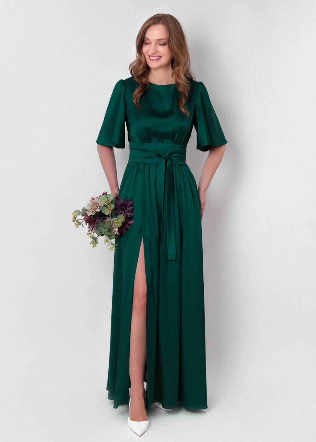 Dark green silk dress with belt