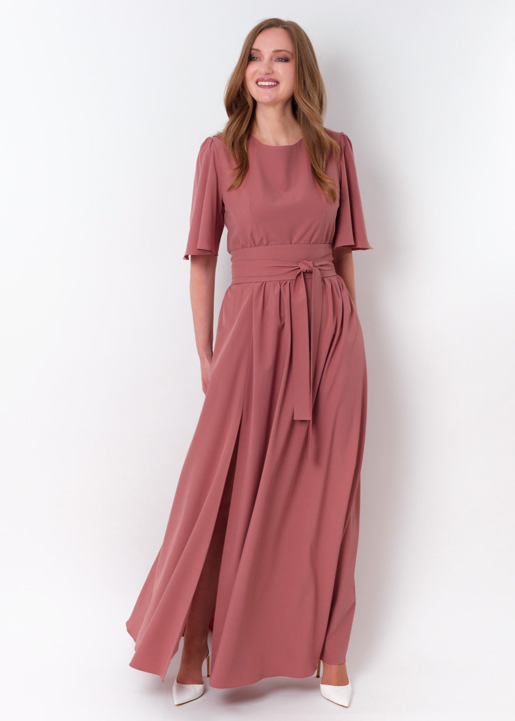 Rosewood long slit dress with belt