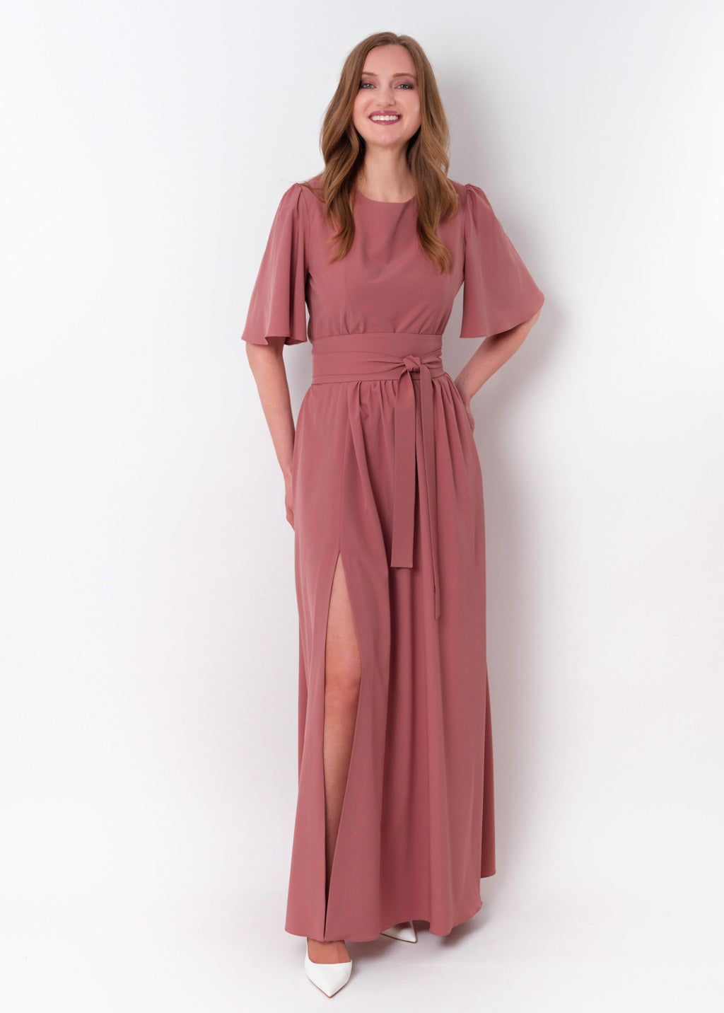 Rosewood long slit dress with belt