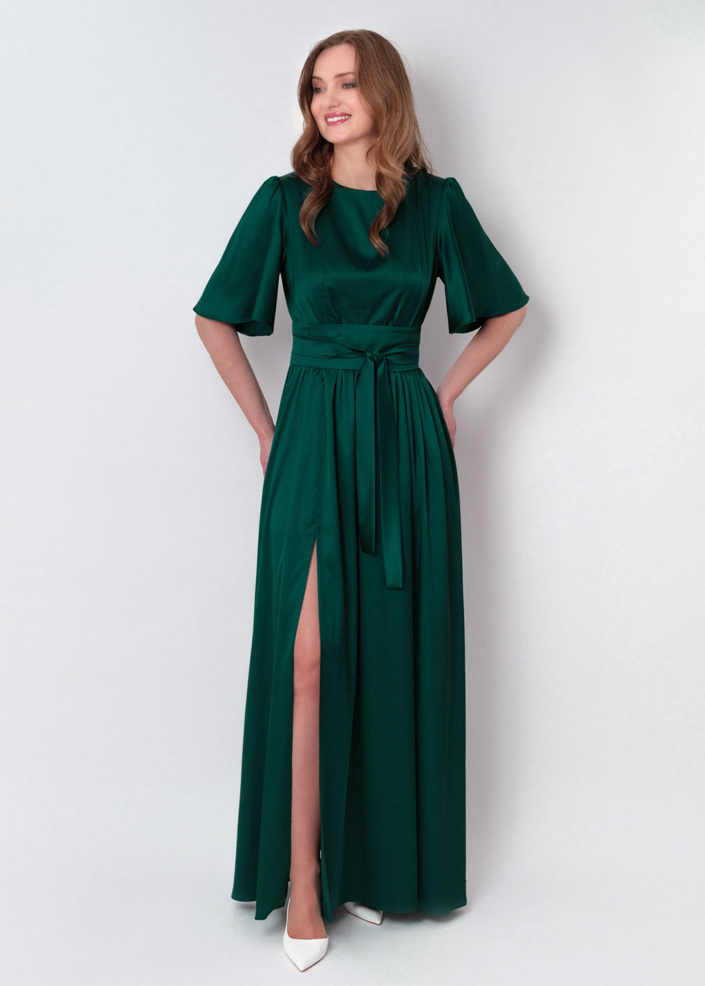 Dark green slit silk dress with belt