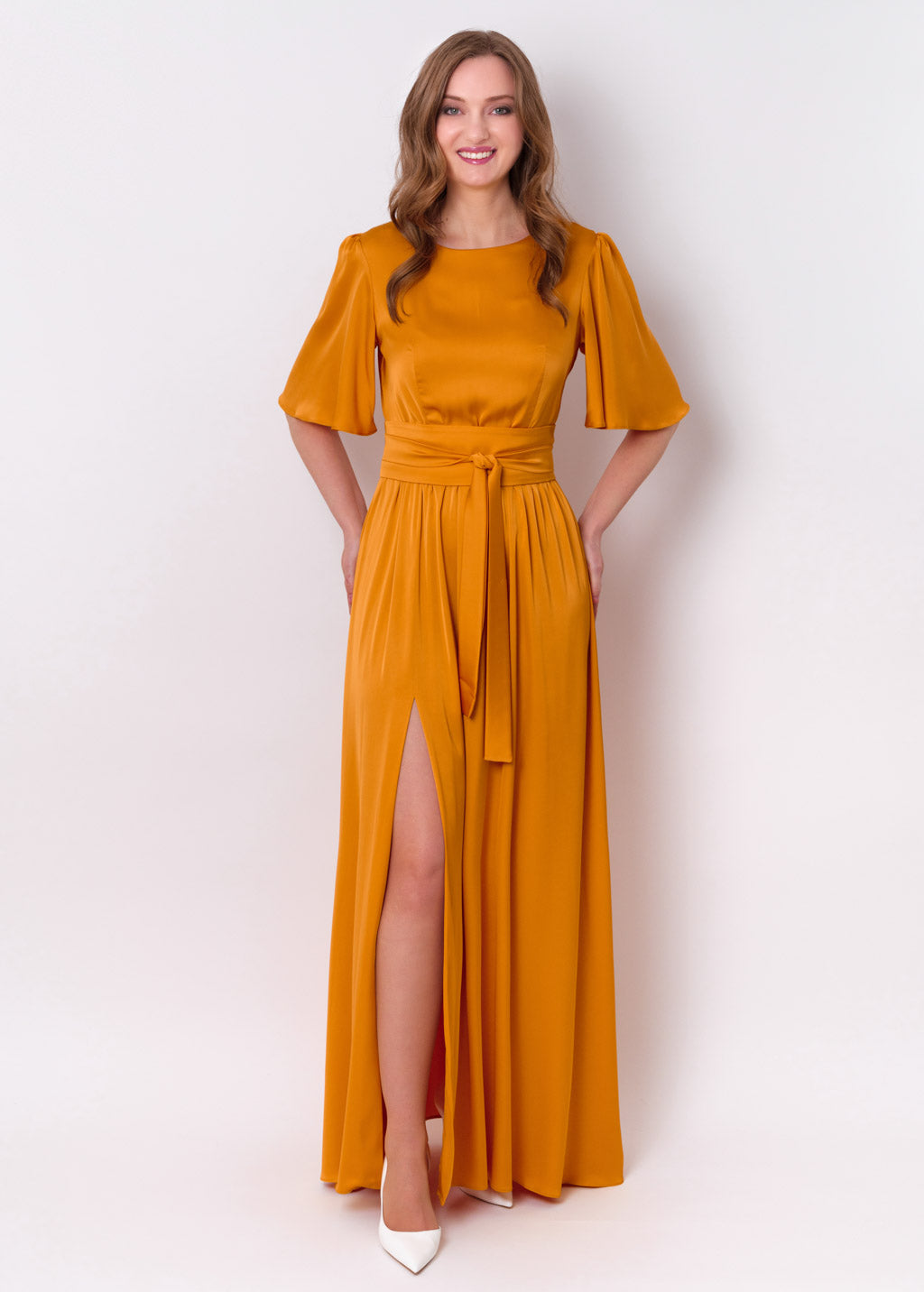 Gold slit silk dress with belt