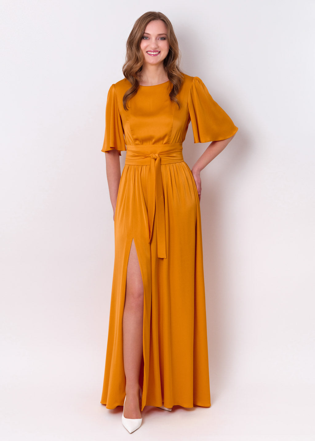 Gold slit silk dress with belt