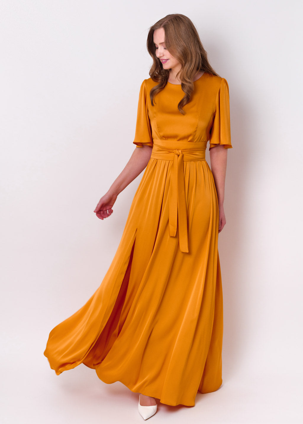 Gold slit silk dress with belt