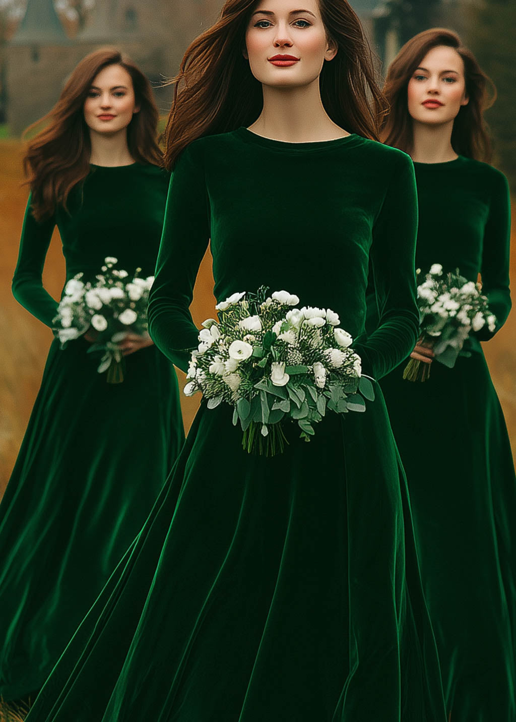 Velvet emerald green bridesmaid gown for fall-winter weddings