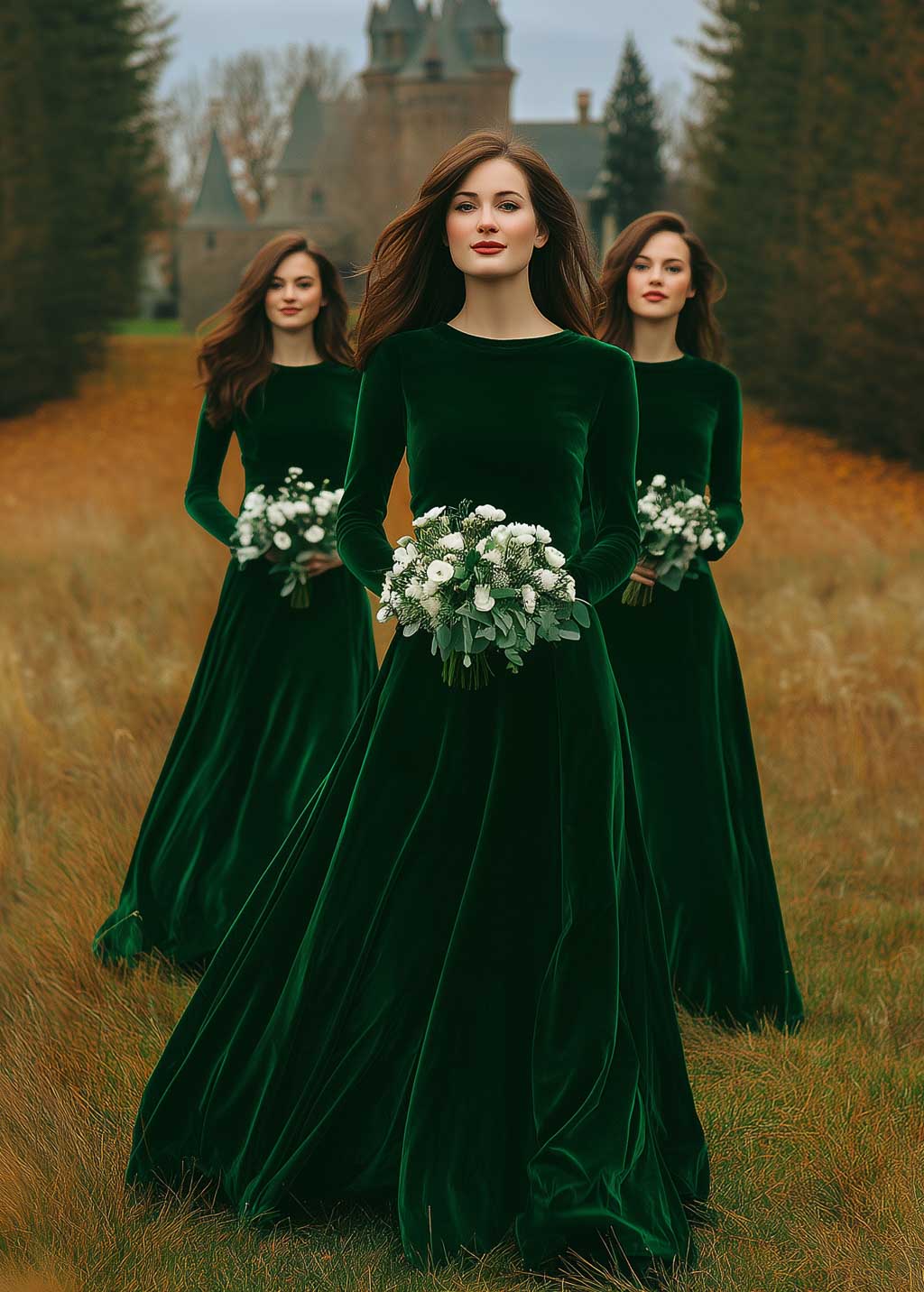 Velvet emerald green bridesmaid gown for fall-winter weddings