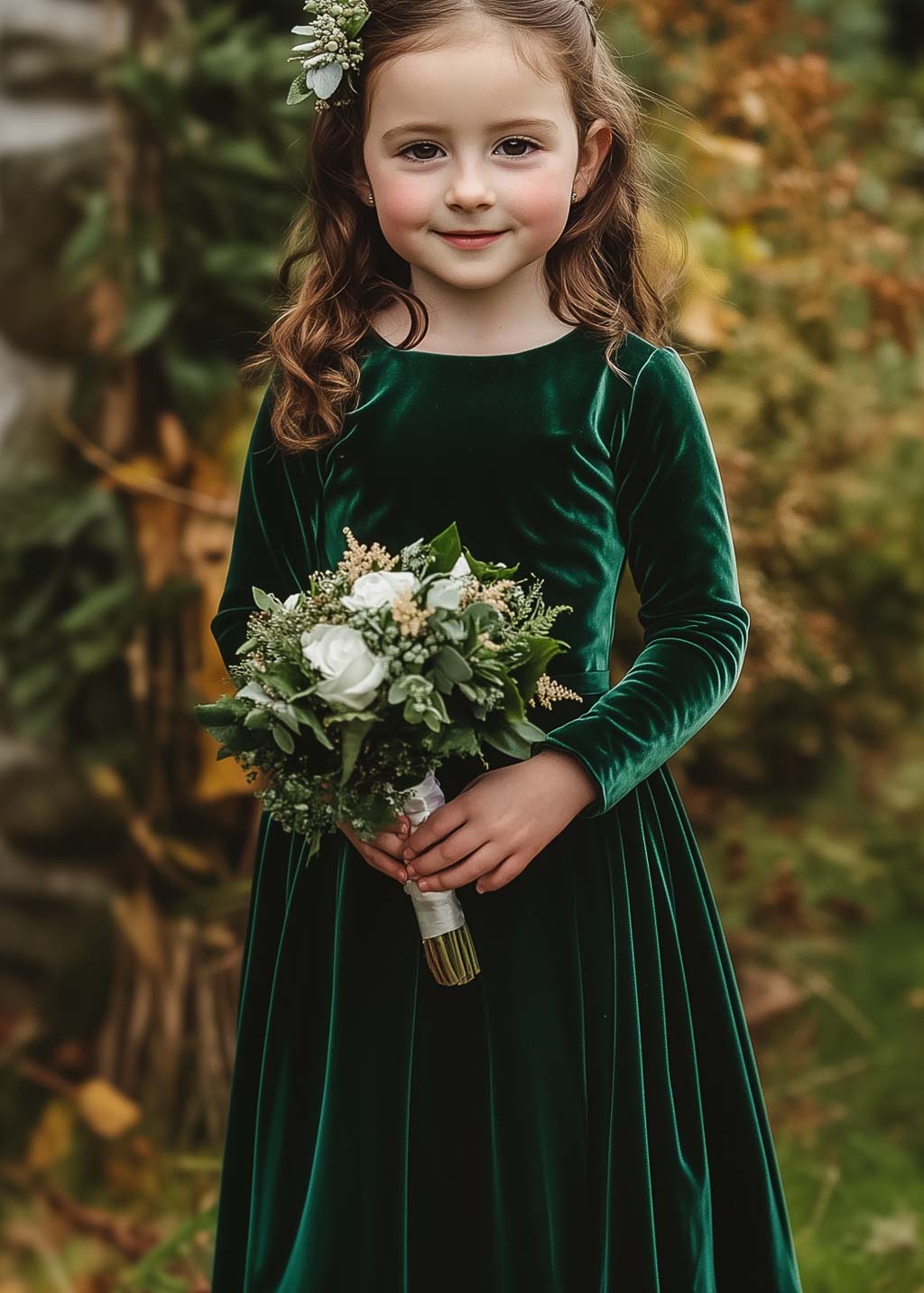 Velvet emerald green flower girl dress
