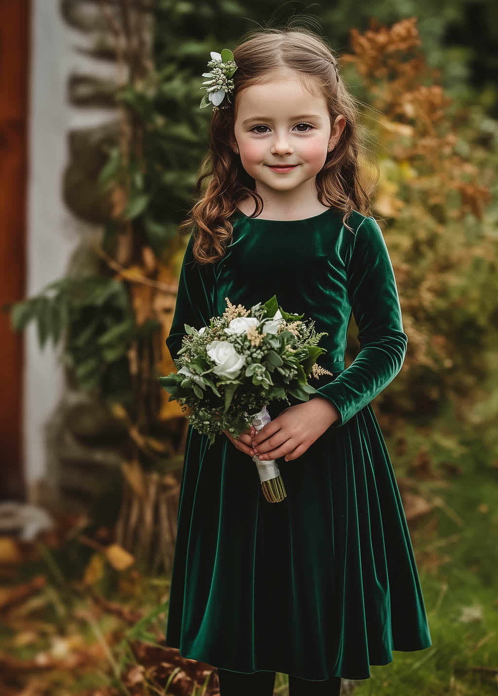 Velvet emerald green flower girl dress