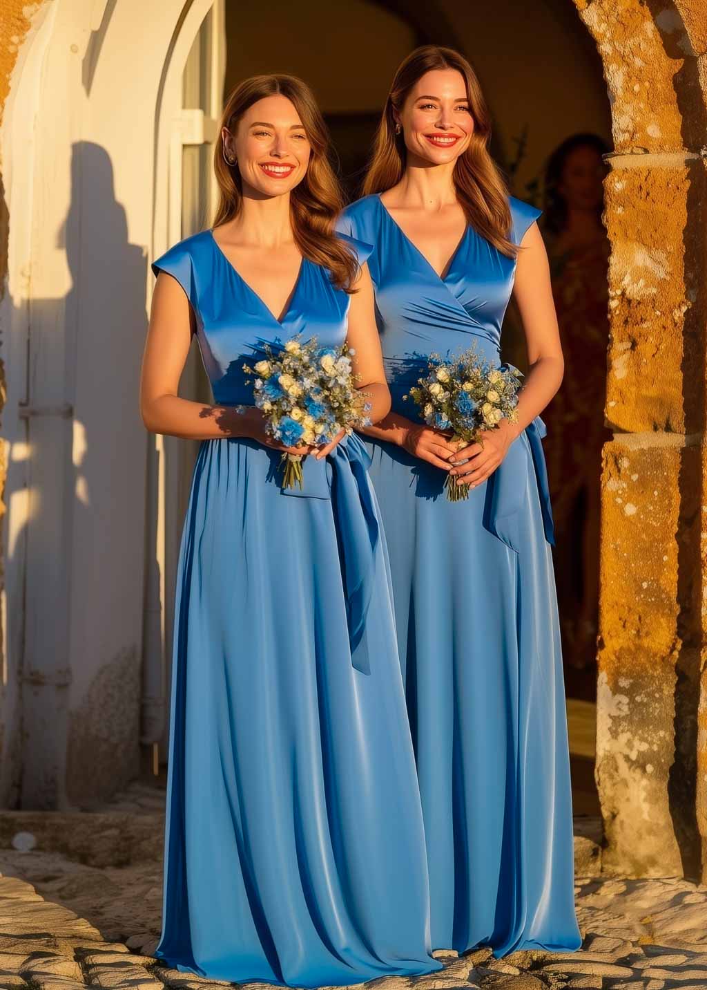 Blue Silk Bridesmaid Wrap Long Dress