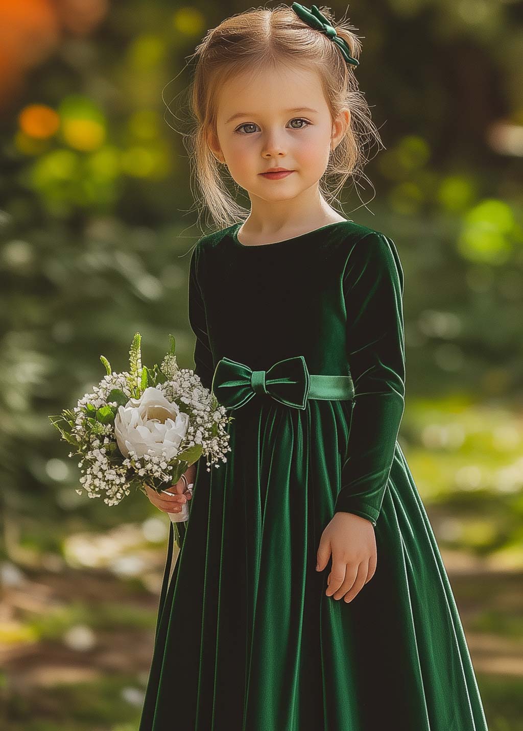 Velvet emerald green flower girl dress