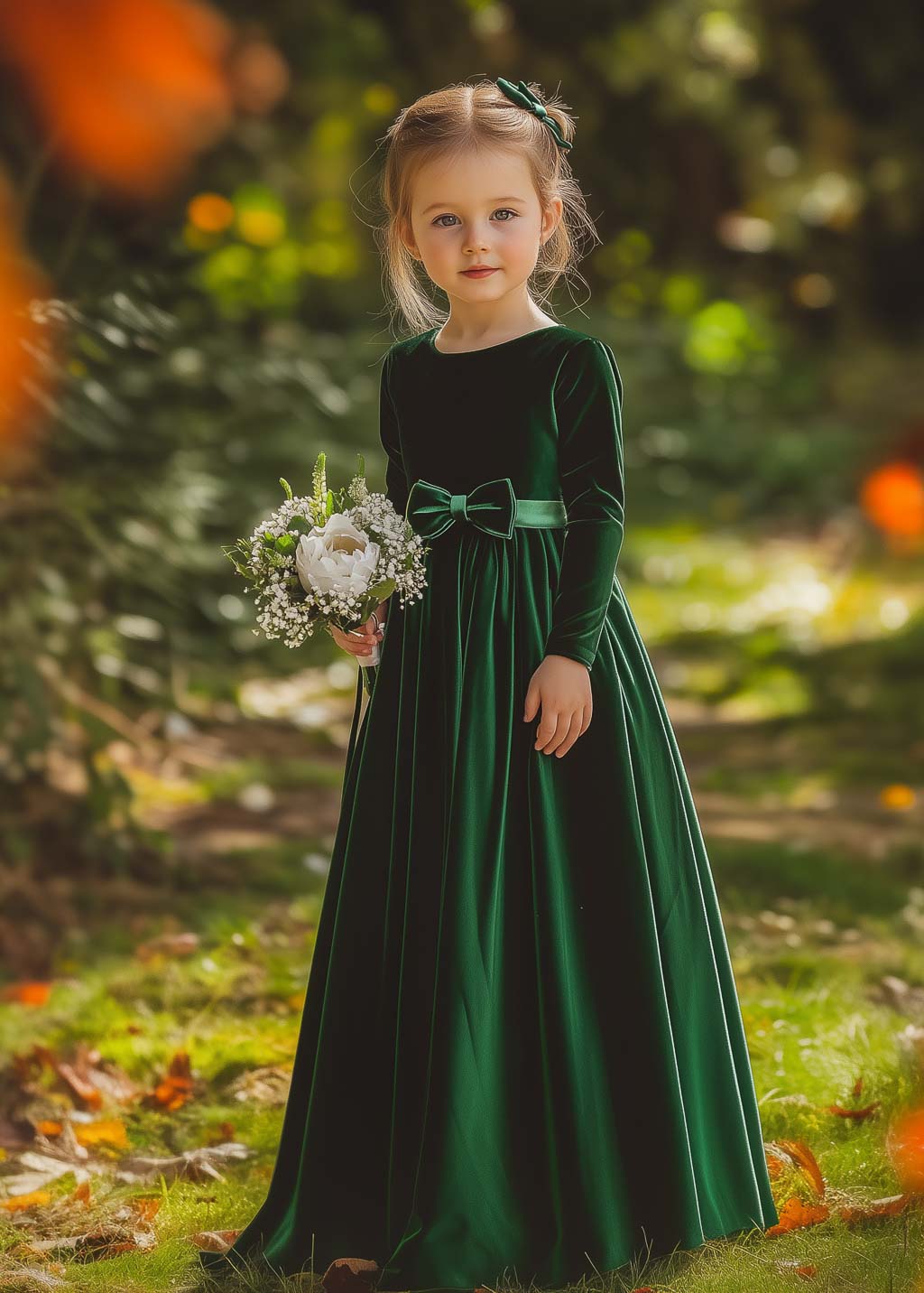 Velvet emerald green flower girl dress