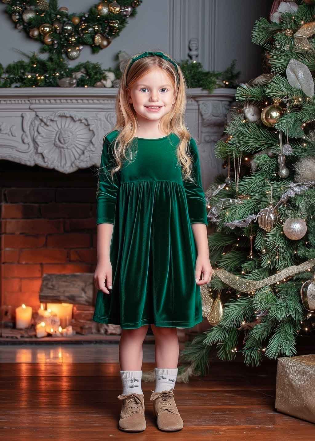 Emerald green girl velvet dress