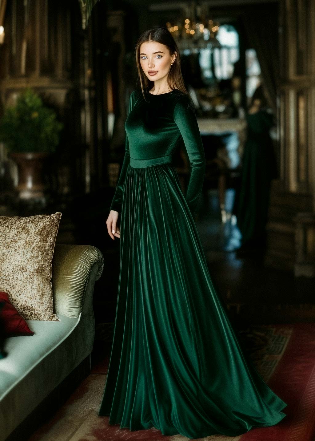 Emerald green velvet long dress