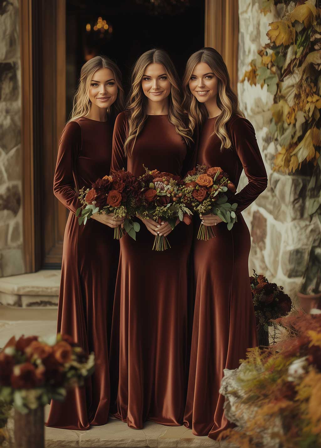 Rust brown velvet bridesmaid dress