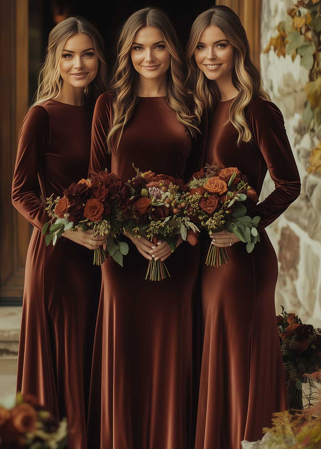 Rust brown velvet bridesmaid dress