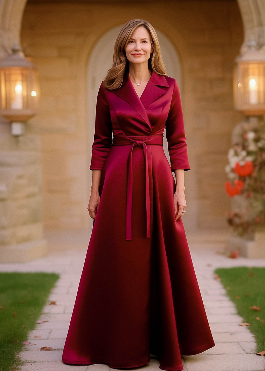Mother of the Bride & Groom burgundy satin wrap dress