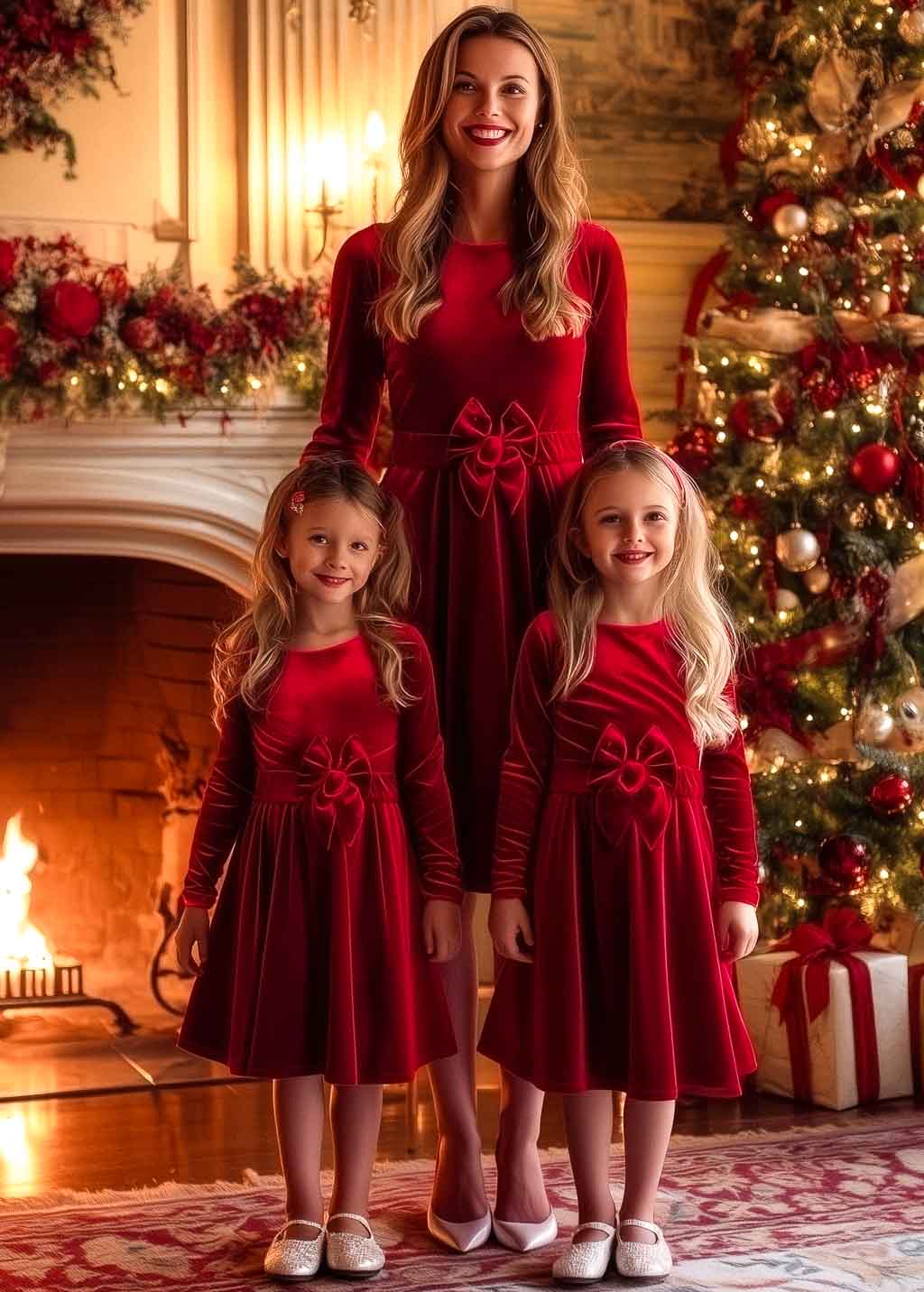 Red girl velvet dress with bow belt