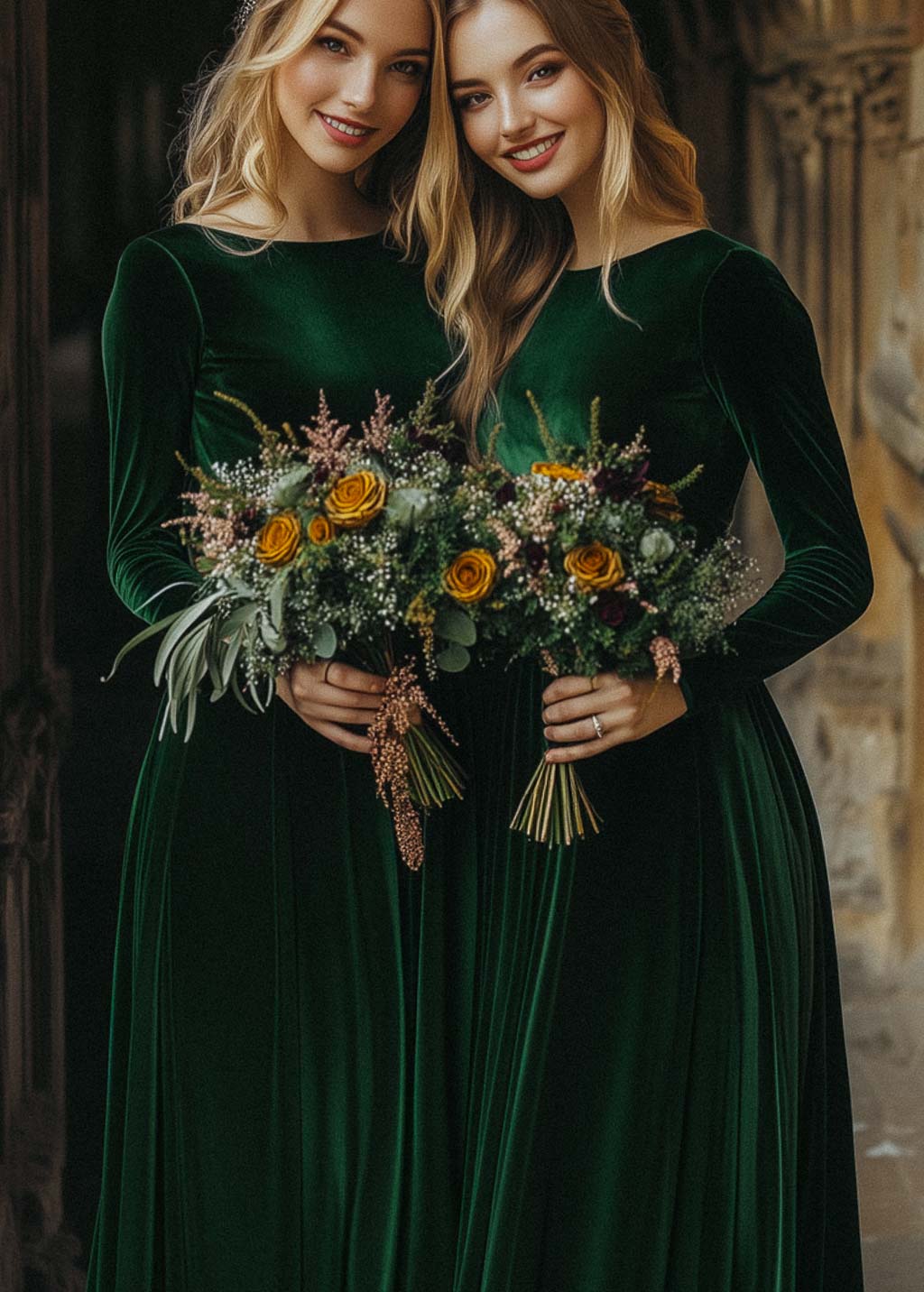 Emerald green velvet bridesmaid dress