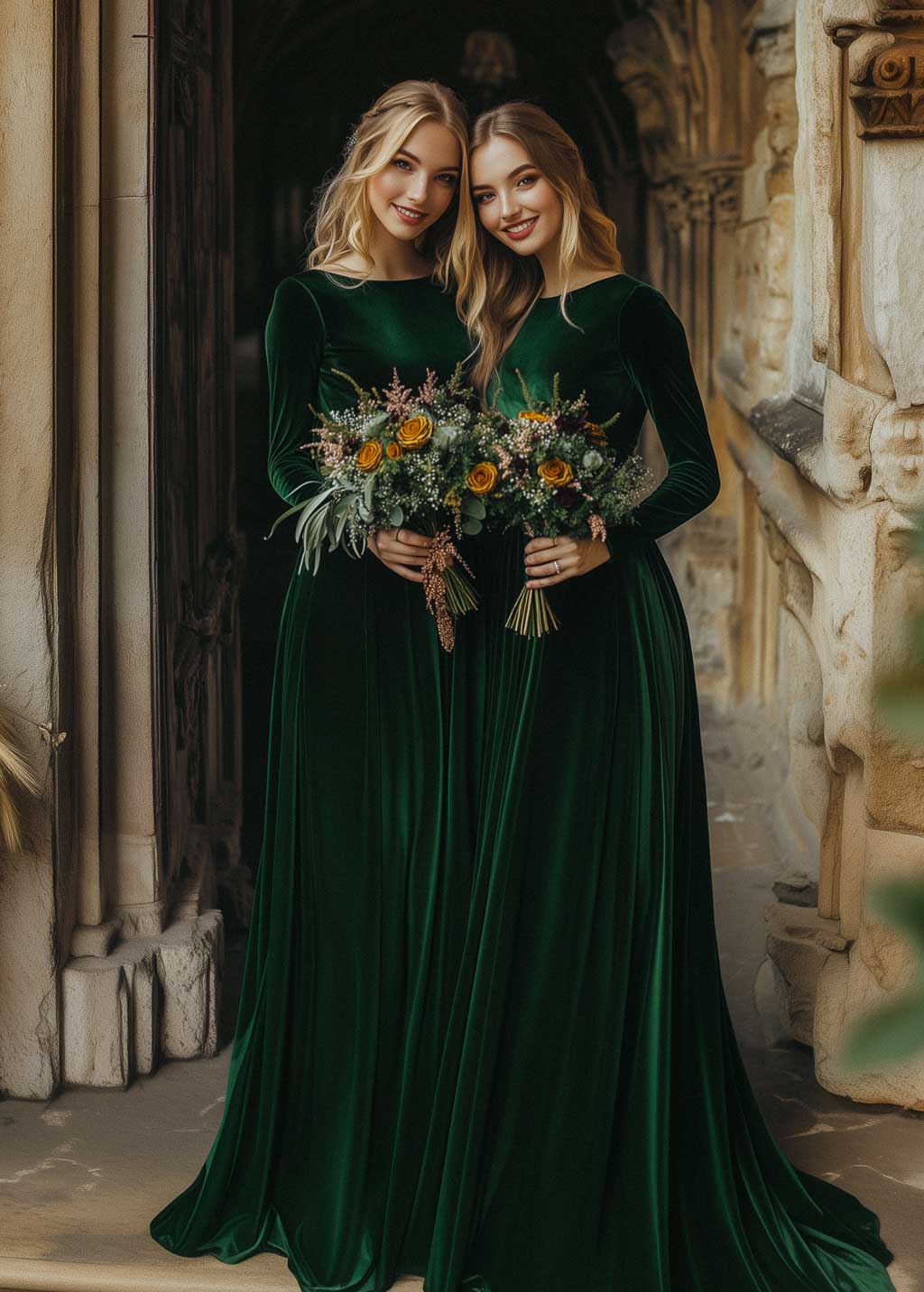 Emerald green velvet bridesmaid dress