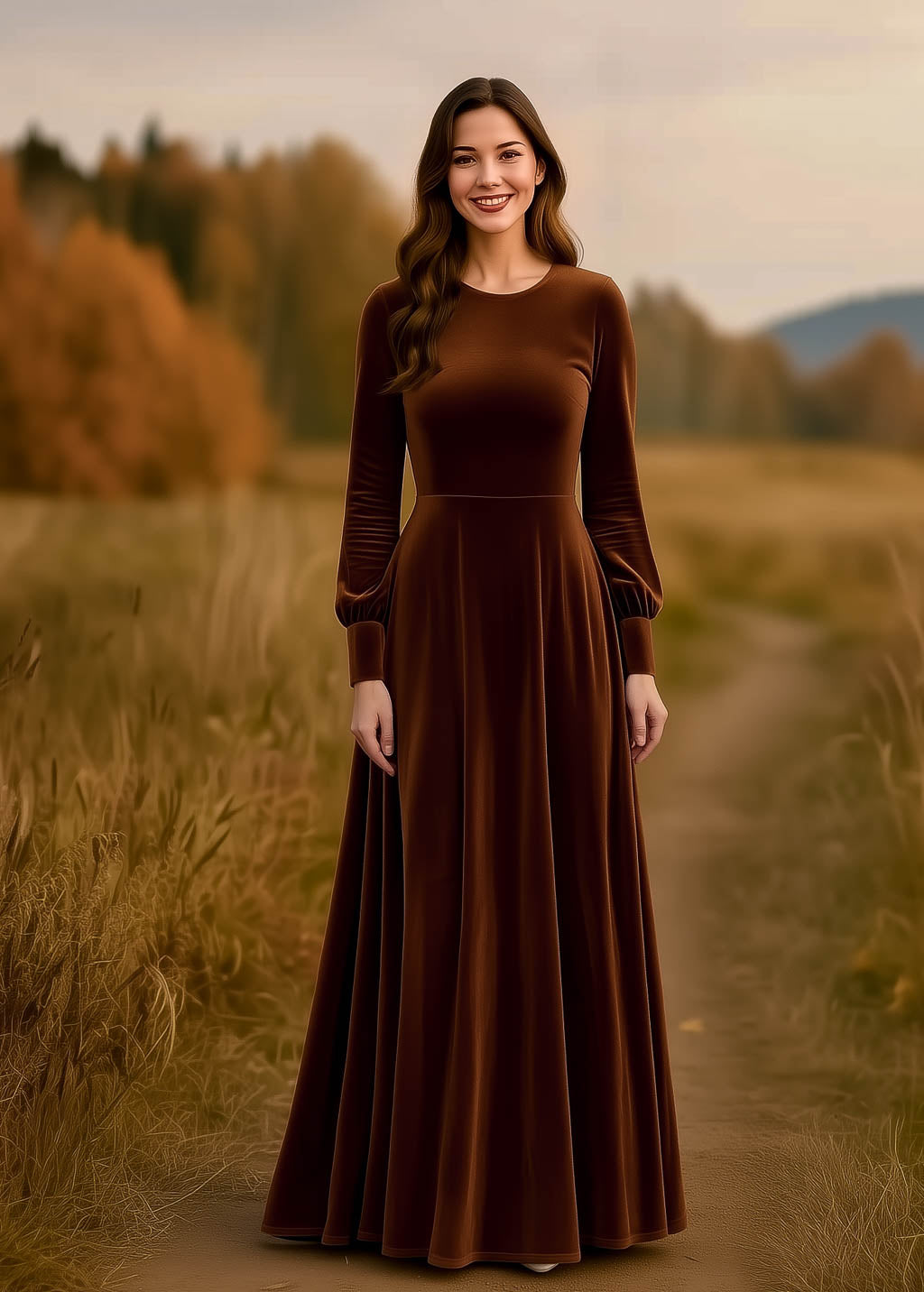 Rust brown velvet long dress
