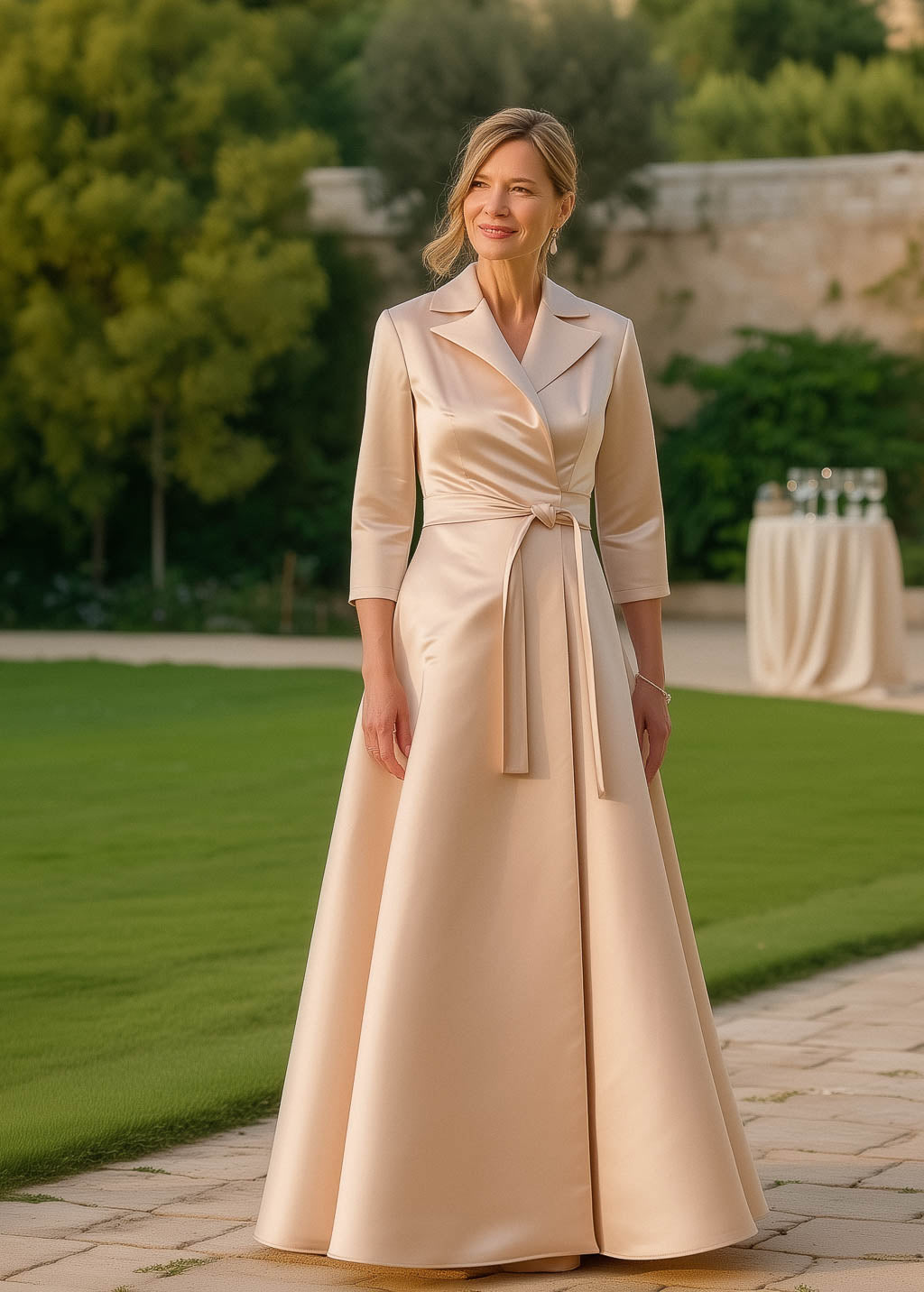 Mother of the Bride & Groom champagne gold satin wrap dress
