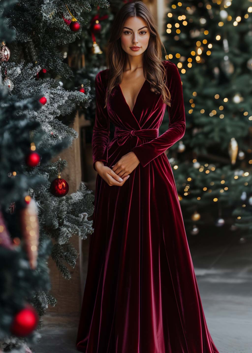 Burgundy velvet long dress with belt