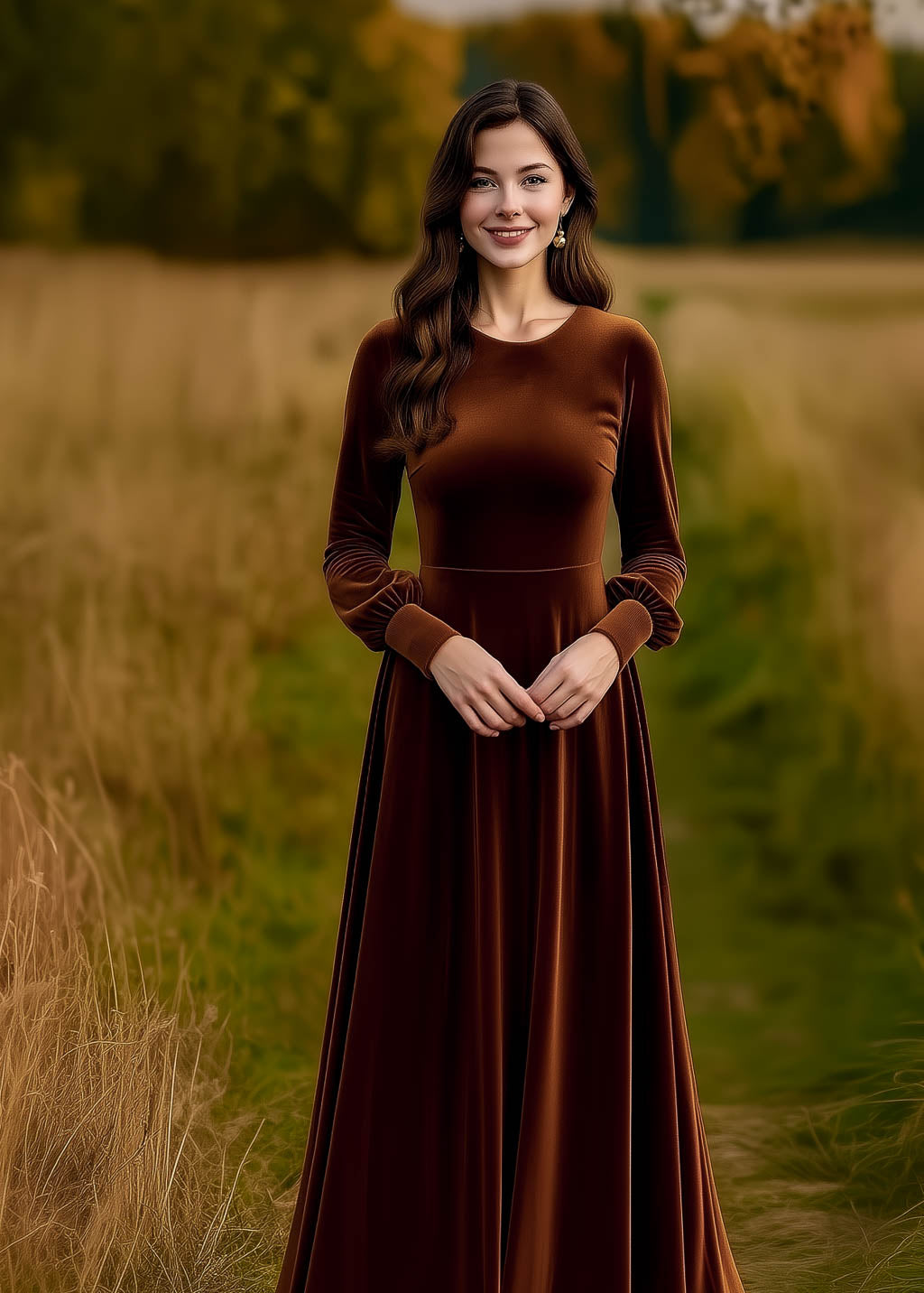 Rust brown velvet long dress