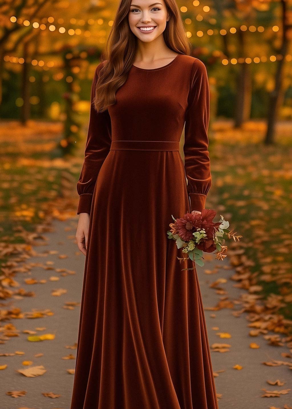 Rust brown long velvet dress