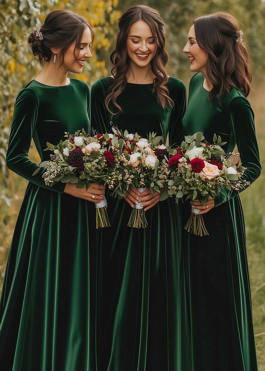 Emerald green velvet dress for fall, winter weddings