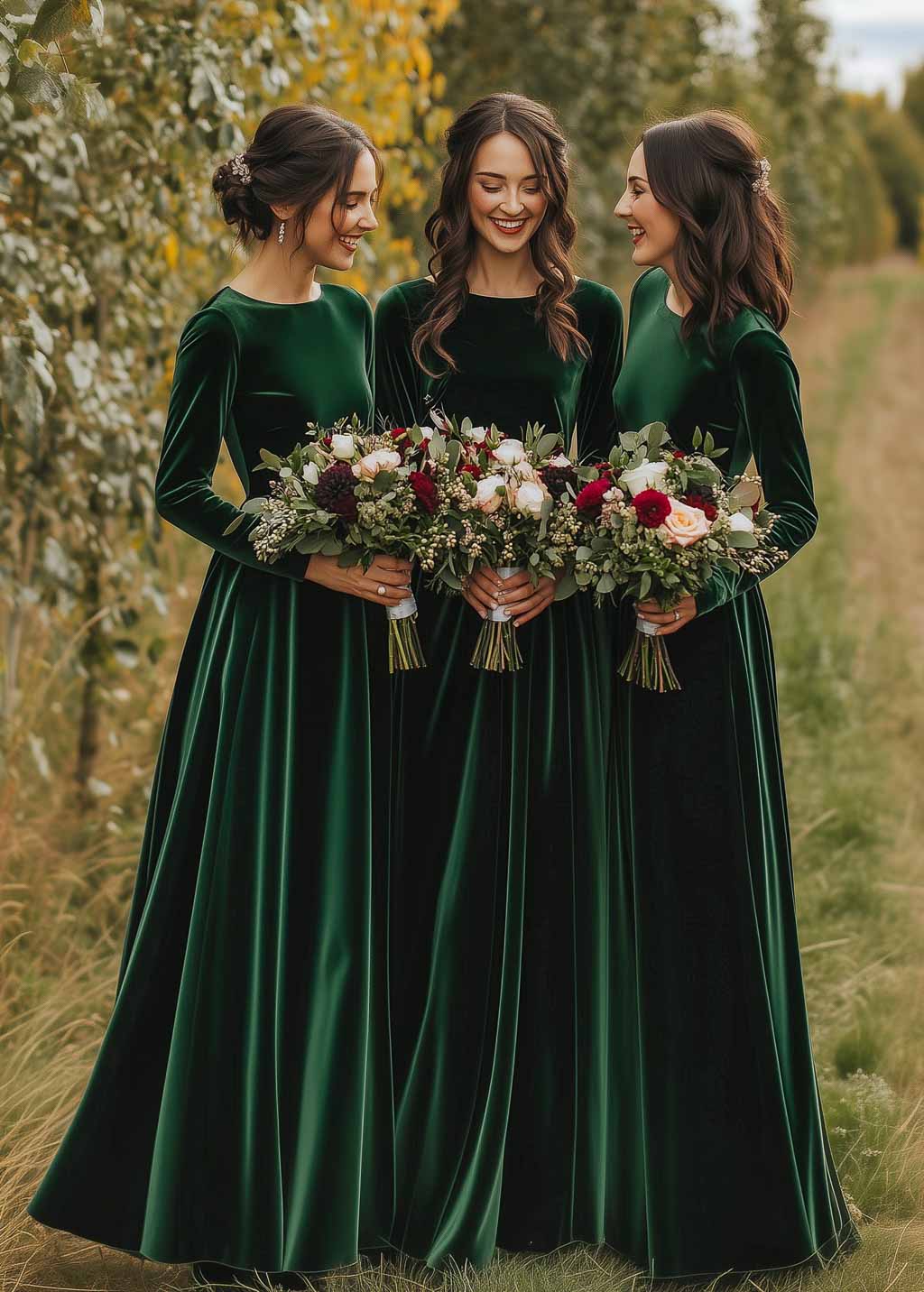 Emerald green velvet dress for fall, winter weddings