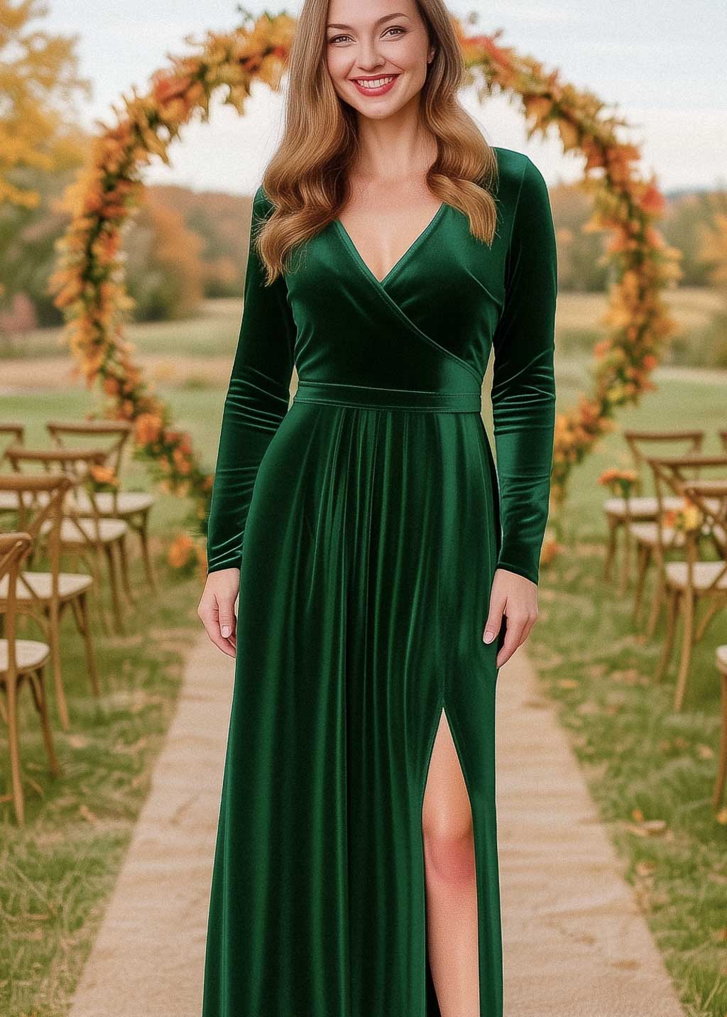 Emerald green velvet wrap slit dress