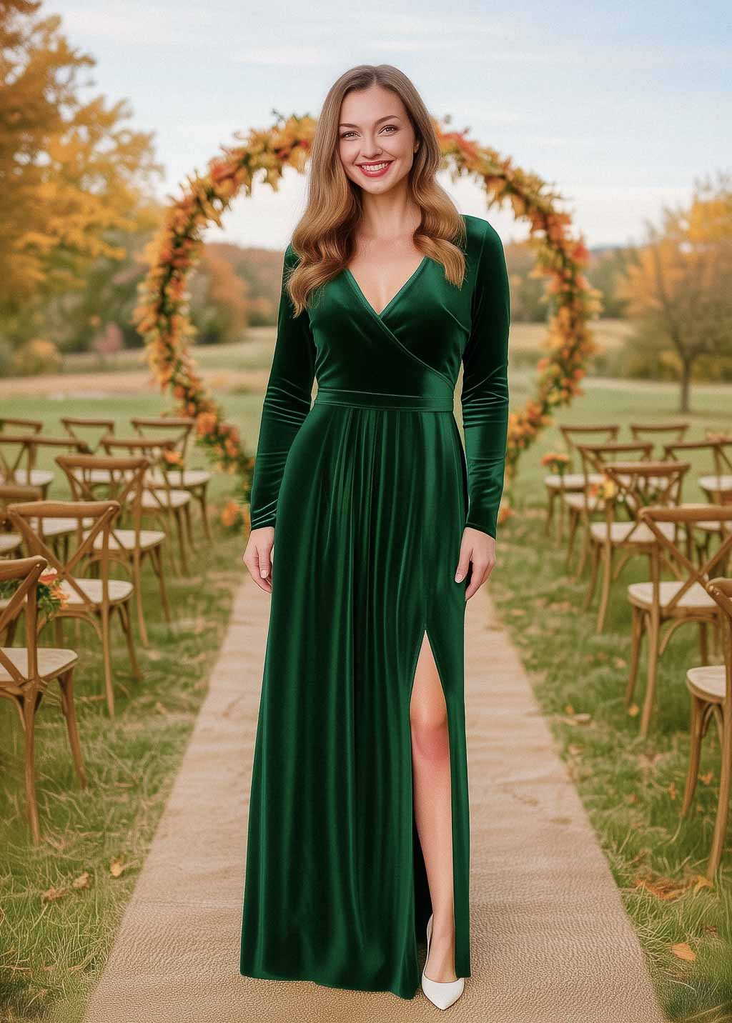 Emerald green velvet wrap slit dress