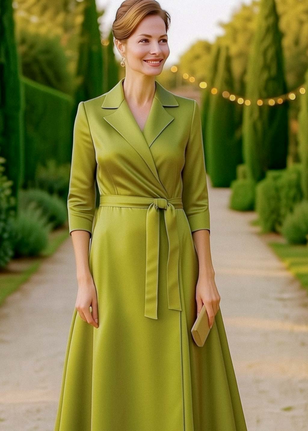 Mother of the Bride & Groom olive satin wrap dress