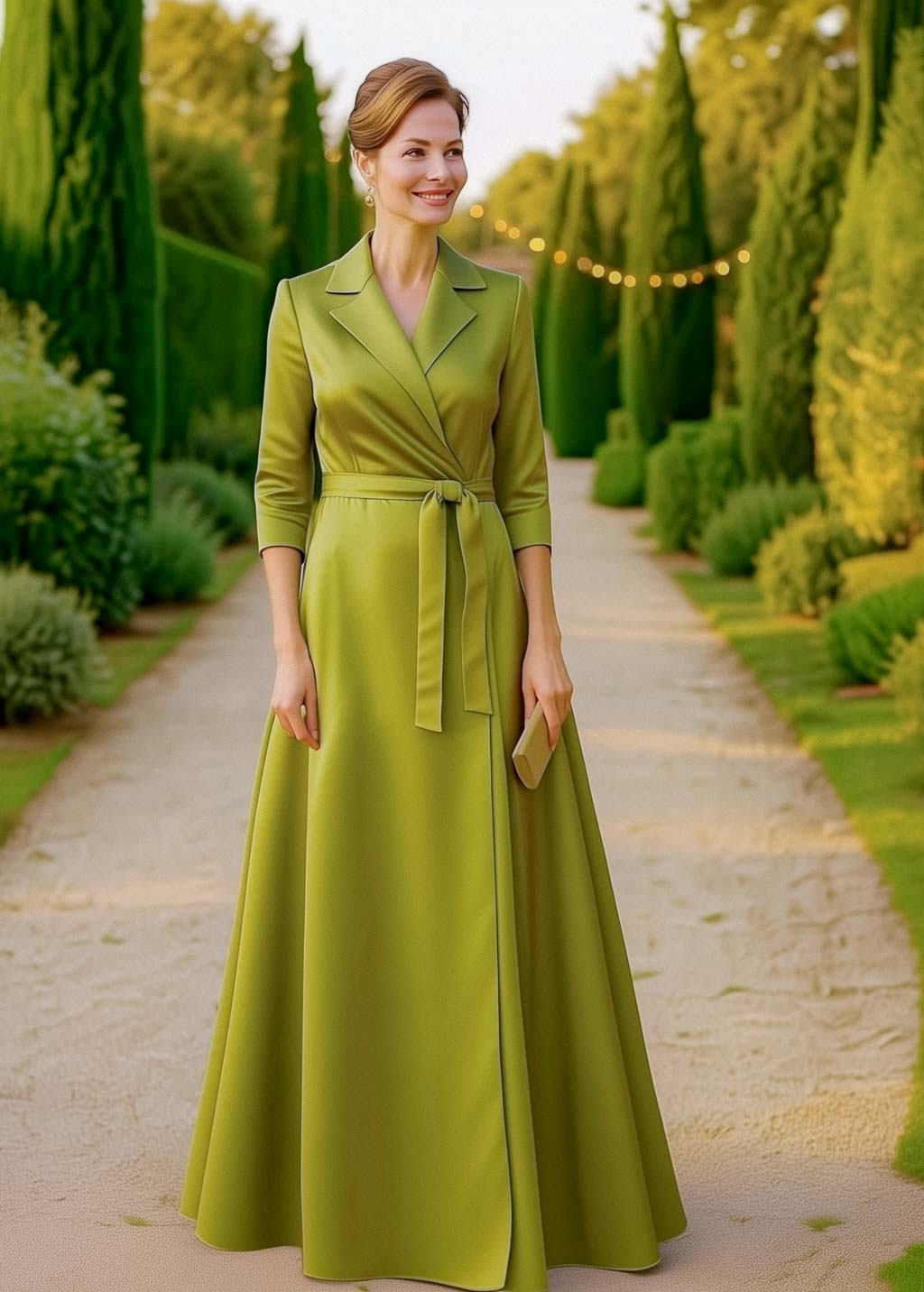 Mother of the Bride & Groom olive satin wrap dress