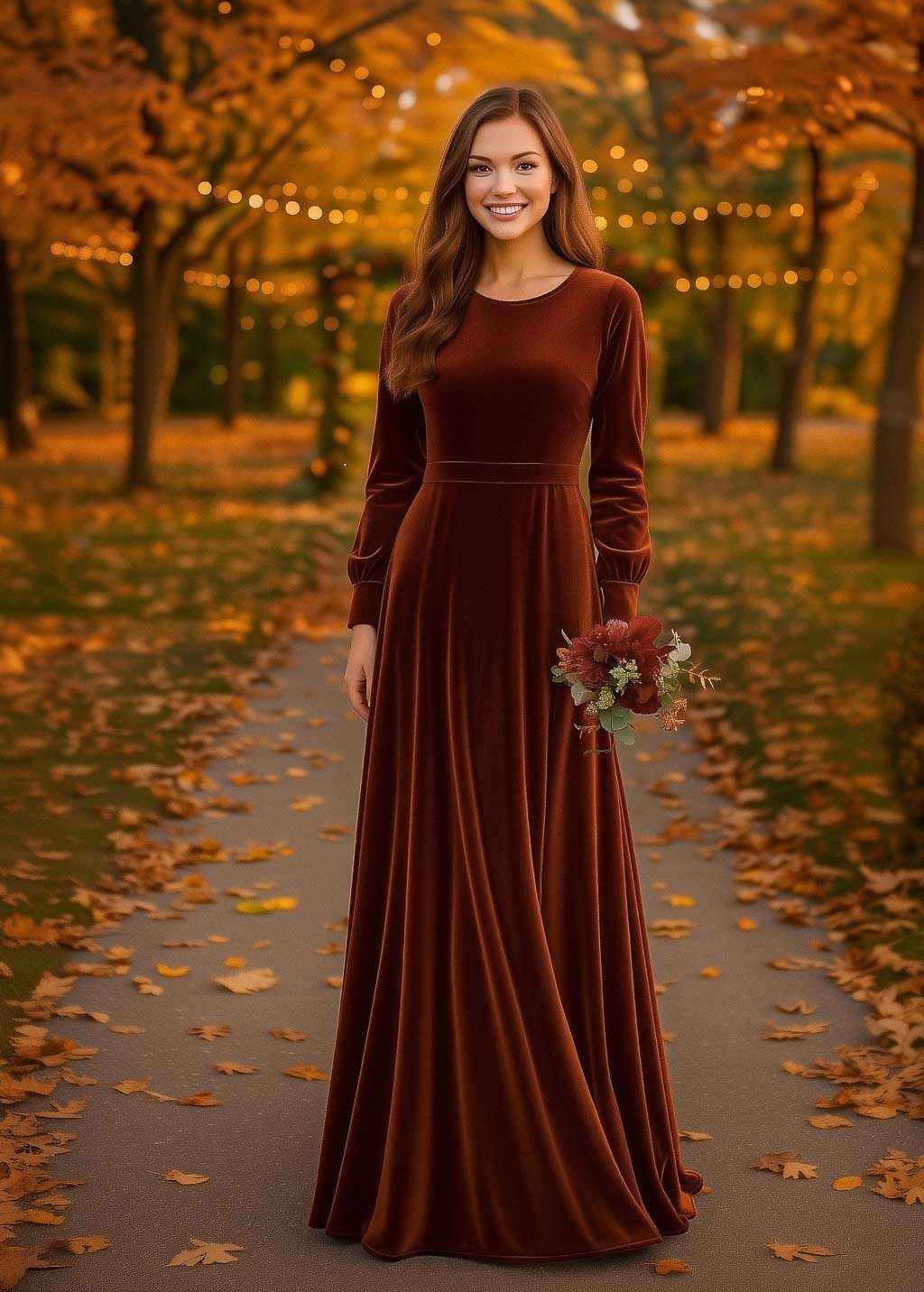 Rust brown long velvet dress
