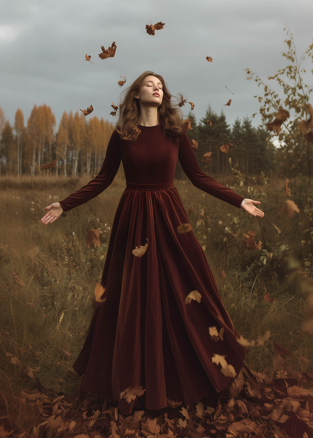 Handmade vintage-inspired rust brown velvet maxi dress