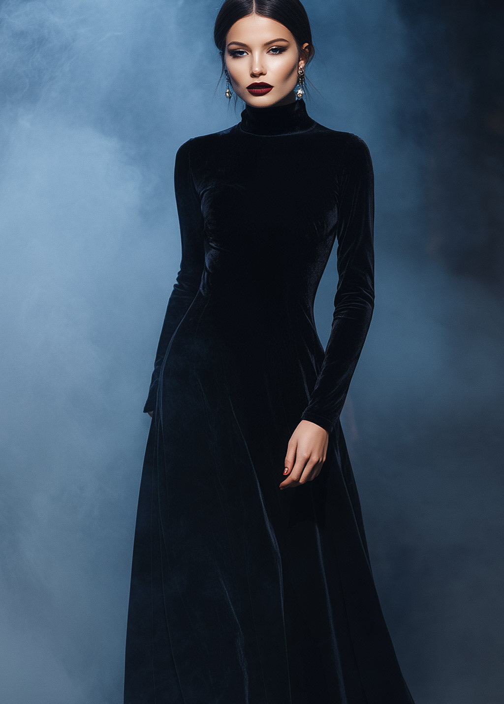 Long sleeve floor-length velvet black gown