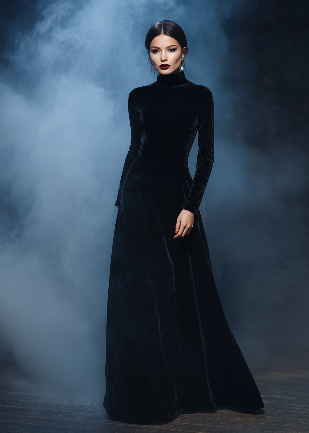 Long sleeve floor-length velvet black gown