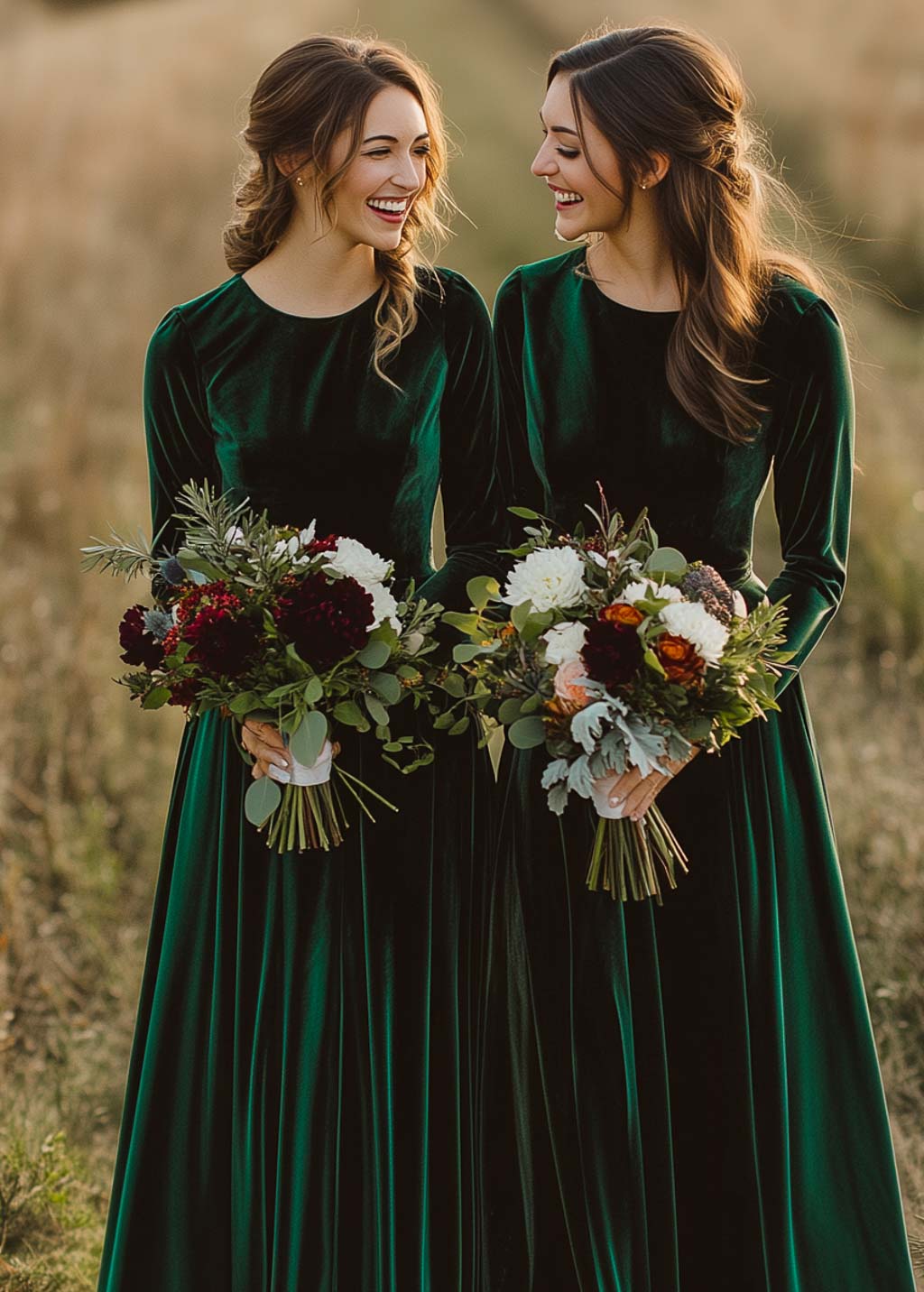 Long sleeve emerald green velvet gown for Fall & Winter weddings