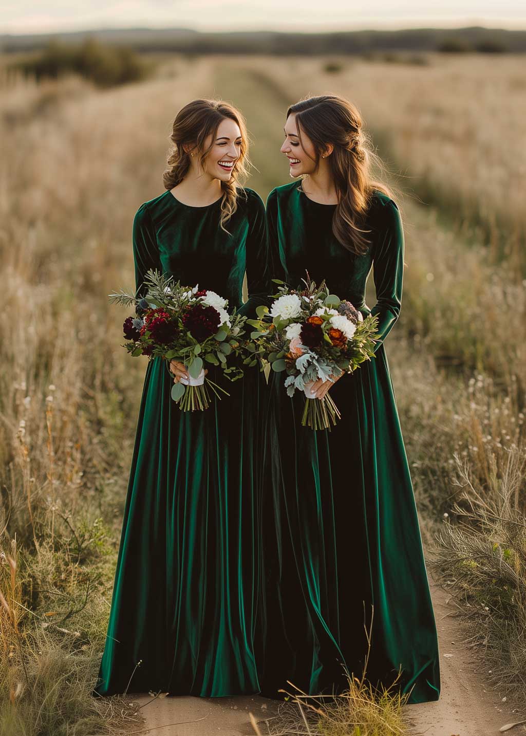 Long sleeve emerald green velvet gown for Fall & Winter weddings