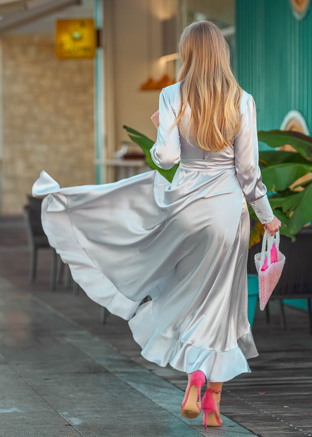Silver grey long wrap dress