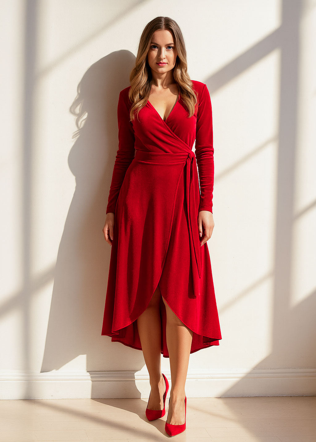 Red velvet wrap dress
