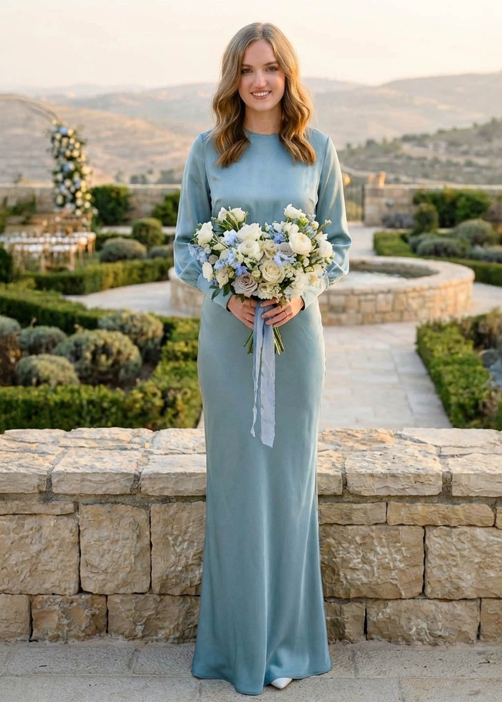 Dusty Blue Silk Bridesmaid Dress with long sleeves