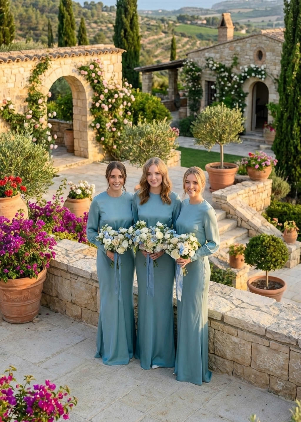 Dusty Blue Silk Bridesmaid Dress with long sleeves